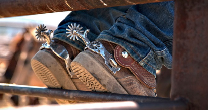 A person sitting on fence with spurs on.